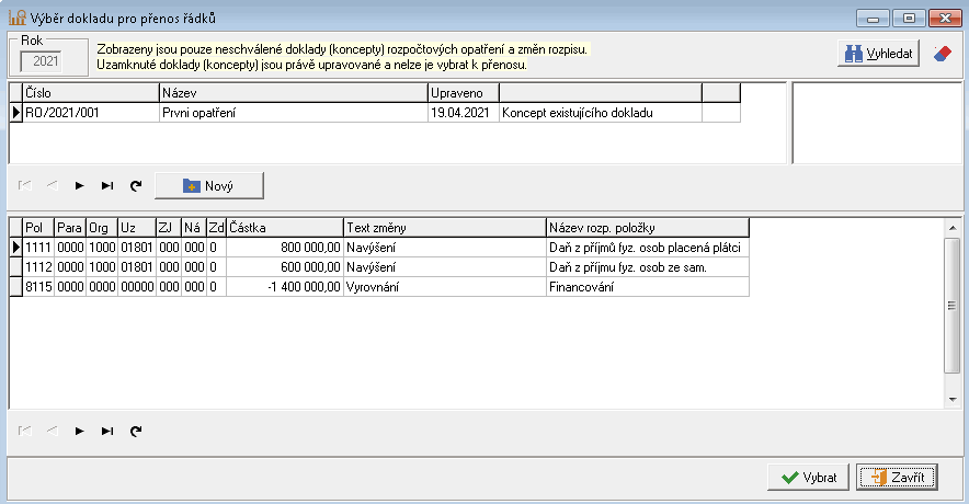 Obr. 2. Výběr dokladu pro přenos řádků