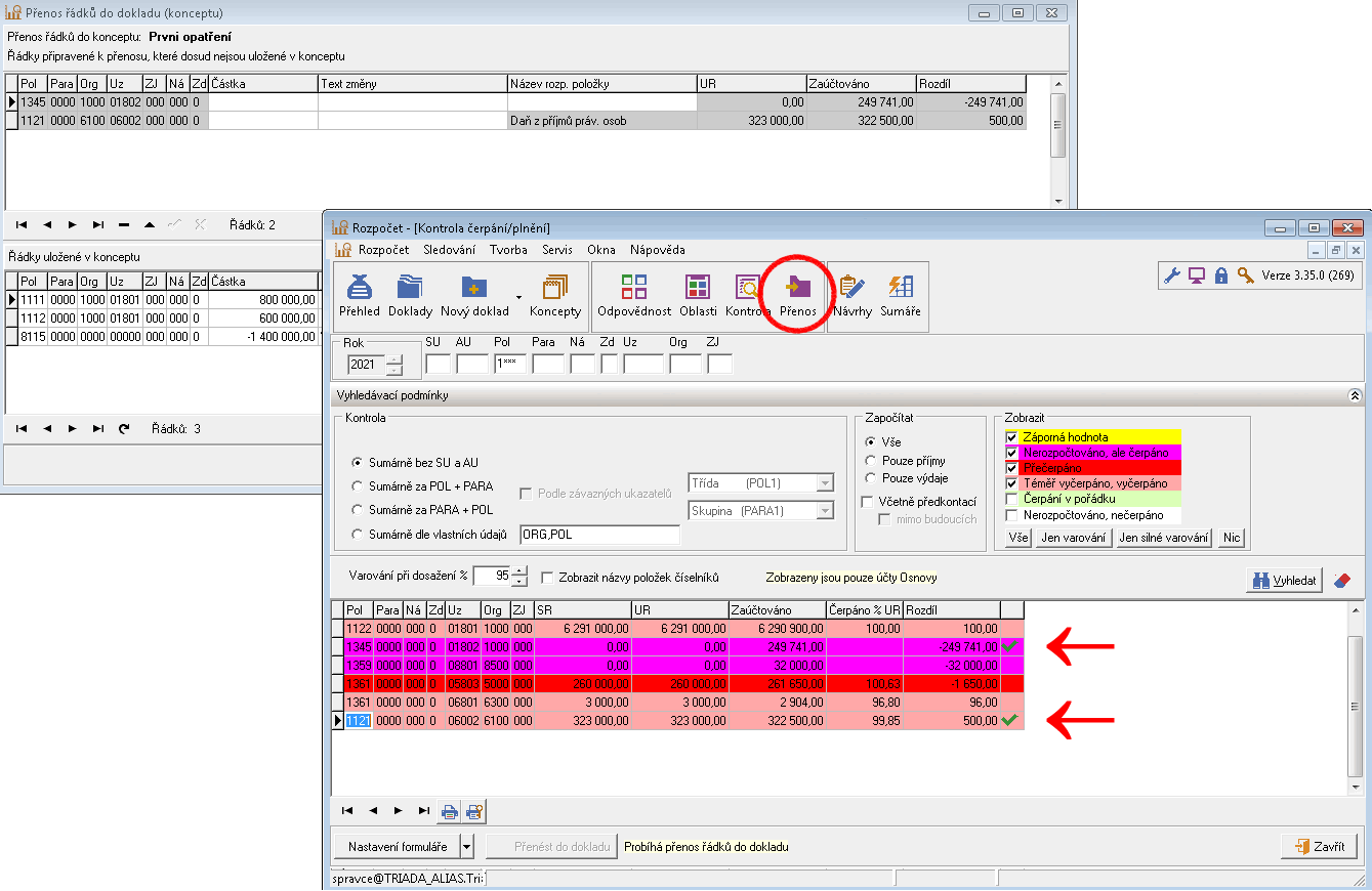 Obr. 3. Přenos řádků do dokladu