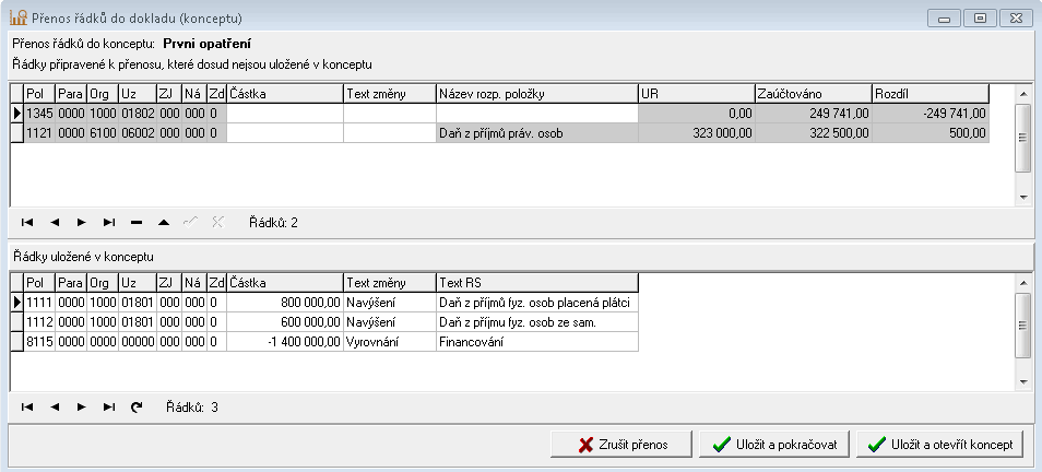 Obr. 4. Přenos řádků do dokladu
