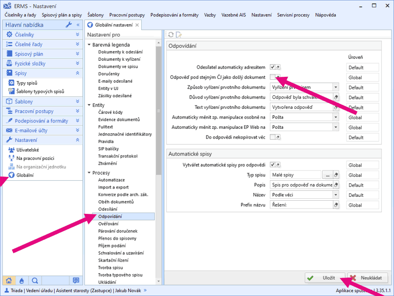 Obr. 1. Změna nastavení způsobu jednoduché odpovědi a způsobu jejího označení číslem jednacím