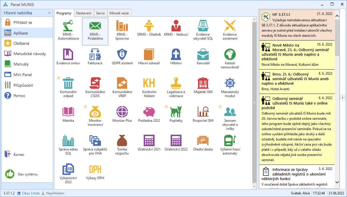 Ukázka informací o nových verzích IS Munis v Panelu Munis