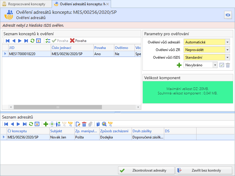 Obr. 1. Ověřování datových schránek v Munis ERMS
