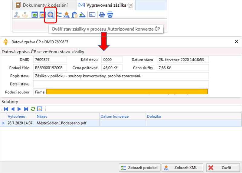 Obr. 3. Kontrola vypravení přes konverzní službu České pošty