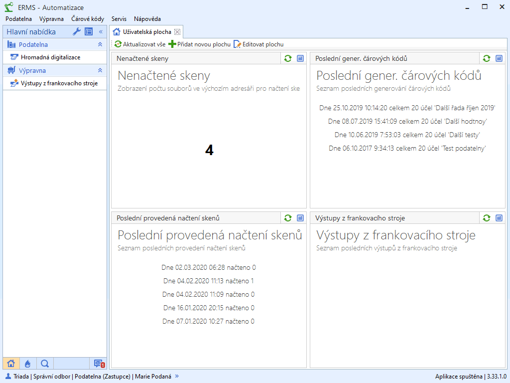 Obr. 4. Automatické párování digitalizátů listinných podání a další funkce v aplikaci ERMS Automatizace